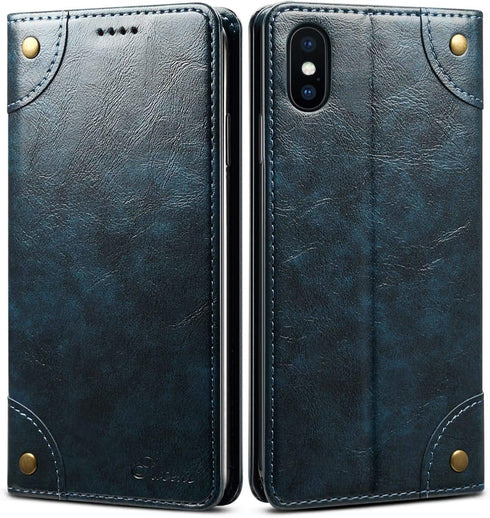 SINIANL iPhone XR Leather Wallet Folio Case, Book Design Flip Cover with Stand, ID Credit Card Slot, Blue