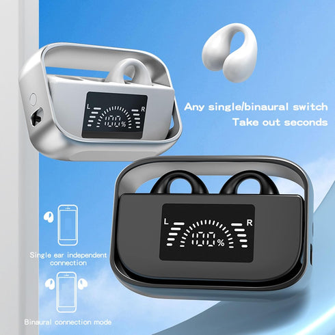 Open Ear Clip Headphones - Bluetooth Earbuds with Built-in Mic, Ear Hooks, LED Display Charging Case, and IPX5