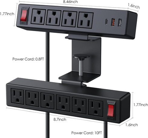 VILONG Desk Clamp Power Strip, PD20W USB-C, 2 in 1 Dual Layer Under Desk Power Socket with 10AC Outlets