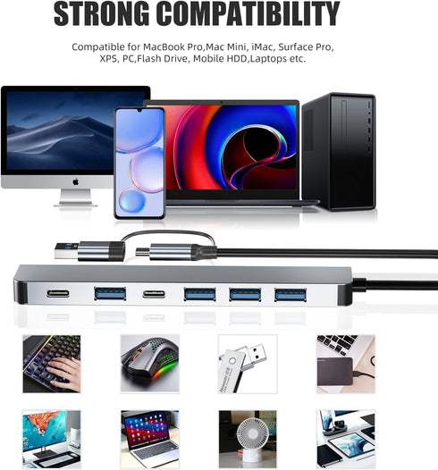 FAWETTY 7 1 2* 5* 3.0 2.0 PS4, Aluminum in USB C/USB Hub, USB C and USB, USB and USB Ports, Ultra Slim Portable USB