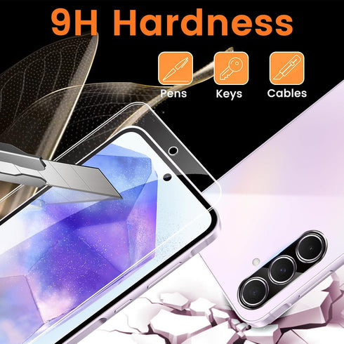 4+4 Pack Samsung Galaxy A55 5G Screen Protector, 4 Pack Tempered Glass with 4 Pack Camera Lens Protector, 9H Hardness