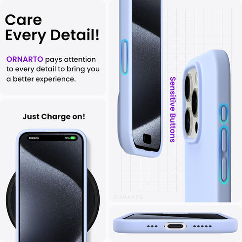 ORNARTO iPhone 15 Pro Case 6.1" - Baby Blue, Shockproof Liquid Silicone, 3 Layers, Soft Gel Rubber, Anti-Scratch Lining.