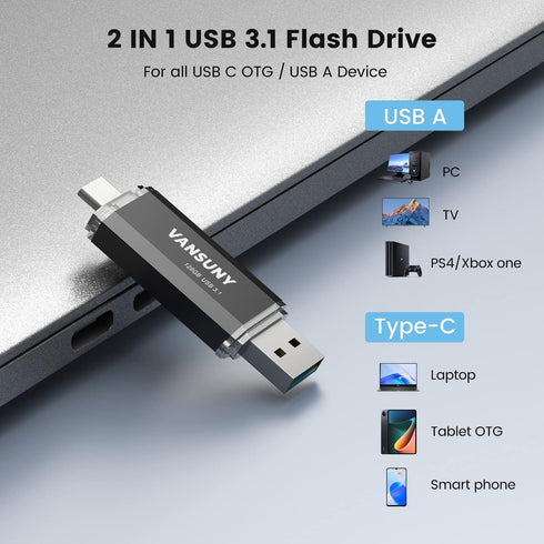 Vansuny 128GB 150MB/s 3.1 2 1 Type C Flash Drive Upgraded USB Flash Drive in OTG USB A + Tape C Memory Stick