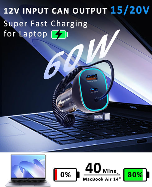90W USB C Car Charger with 5ft 60W Type C Coiled Cable, Super Fast Adapter for iPhone 15 Pro Max, Samsung Galaxy S24