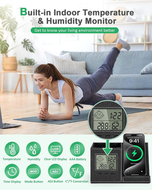 Pen Holder for Desk, Multi-Functional Organizer with Wireless Charger, Indoor Thermometer, Home Office Supplies