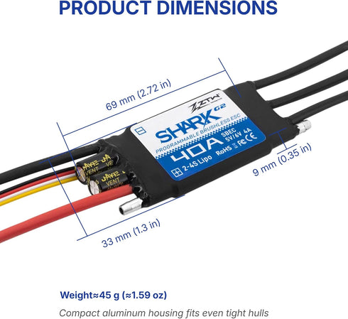 ZTW G2 40A 2-4S 5V/6V 4A Shark ESC Built-in Swithcing BEC Water-Cooling Bidirectional Waterproof Brushless Speed