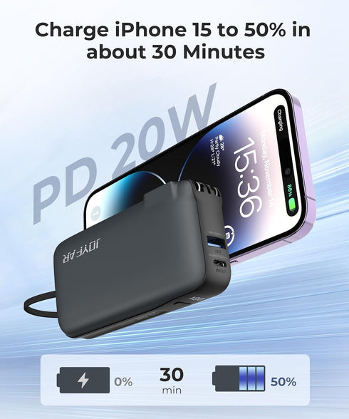 3-in-1 Power Bank 10,000mAh with Built-in USB-C Cable, Fast Charging, Foldable AC Wall Plug for iPhone 16/15, Galaxy
