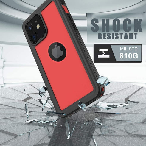 Waterproof Case for iPhone 12, Shockproof Dustproof IP68 Full-Body Hard Case with Built-in Screen Protector, Red