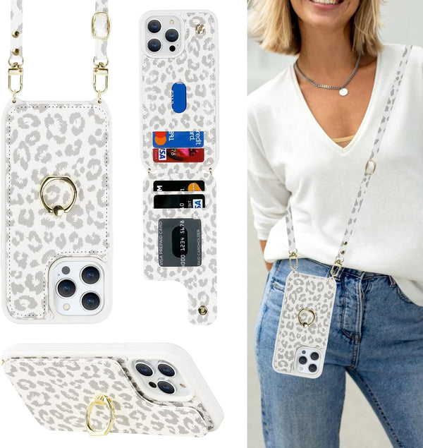 iPhone 15 Pro Max Case with Card Holder for Women, Phone Case with Strap, Crossbody Lanyard, Ring Stand, Cute Wallet