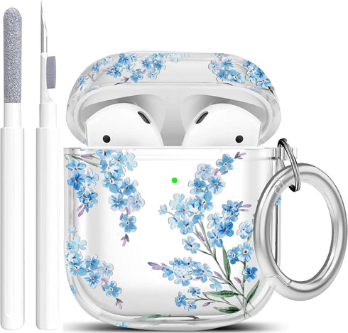 Protective Clear Floral Case Cover with Cleaner Kit, Shockproof Women Girls Keychain for Apple Airpods 2/1 Charging Case