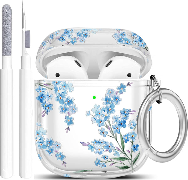 Protective Clear Floral Case Cover with Cleaner Kit, Shockproof Women Girls Keychain for Apple Airpods 2/1 Charging Case