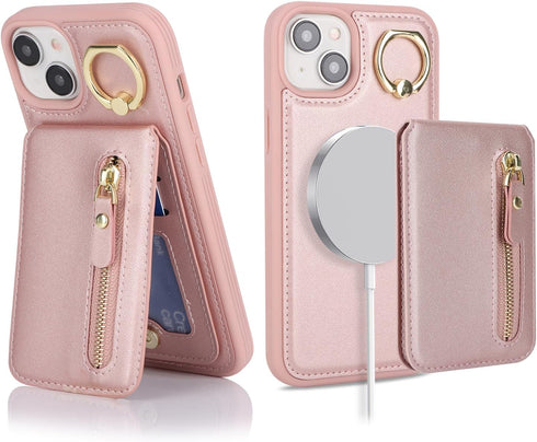 Havaya iPhone 14 Plus Case for Women, Rose Gold Leather Wallet, MagSafe Compatible, 2-in-1 Detachable Card Holder.