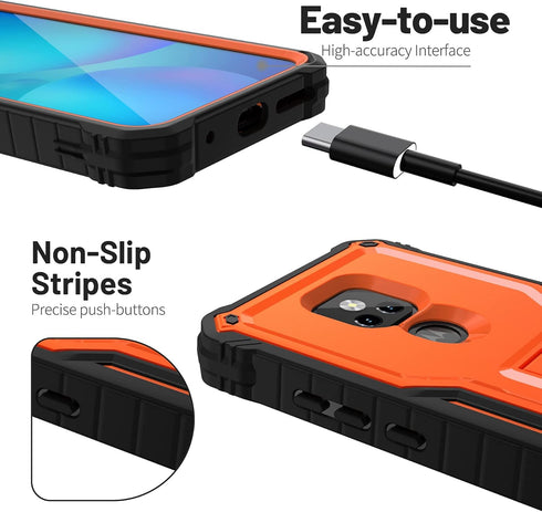 ExoGuard for Moto G Play 2021 Case, Rubber Shockproof Full-Body Cover Case Built-in Screen Protector and Kickstand Compatible with Moto G Play 2021 Phone (Orange)