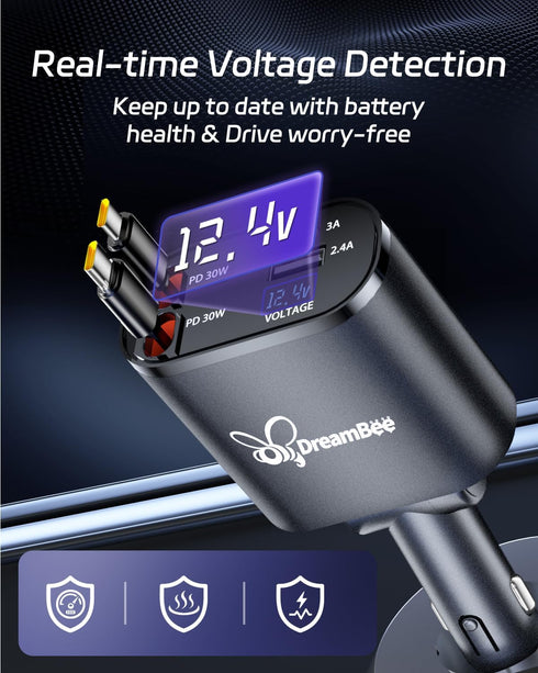 Retractable Car Charger, 66W Super Fast USB Charger with Dual Type-C Cables and 2 USB Ports for iPhone and Samsung