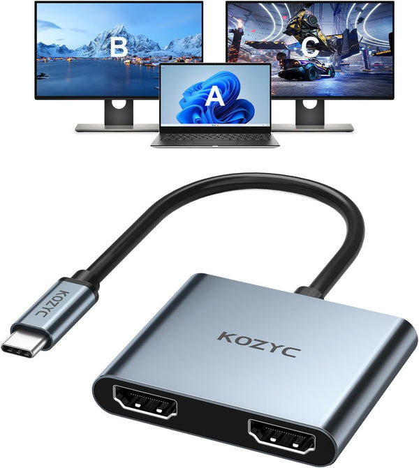 USB C to Dual HDMI Adapter 4K@60hz, Type C to HDMI Splitter for MacBook/MacBook Pro Air, Dell XPS, Samsung Galaxy S9