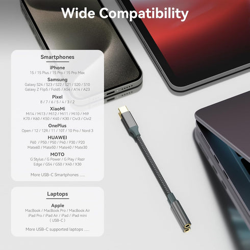 USB C to 3.5mm Aux Audio Dongle for iPhone 15 Pro Max, Samsung Galaxy S23, iPad Pro, Pixel - Type C Adapter