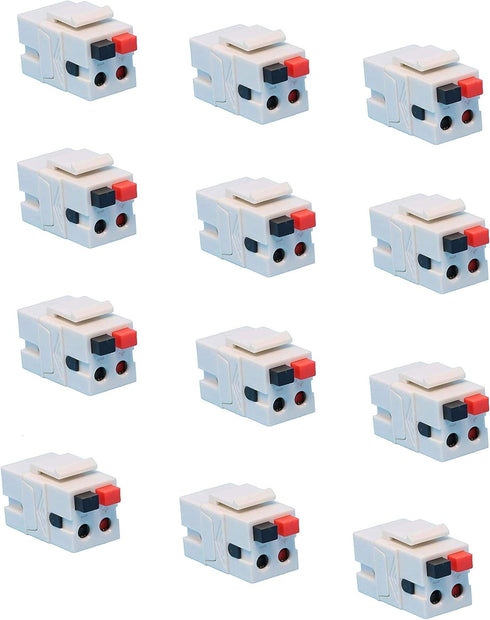 Speaker Keystone Jack – Spring Loaded Female to Female for Home Theater Wall Plates - White (12-Pack)