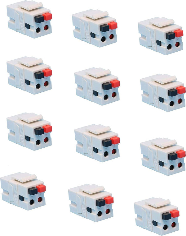 Speaker Keystone Jack – Spring Loaded Female to Female for Home Theater Wall Plates - White (12-Pack)