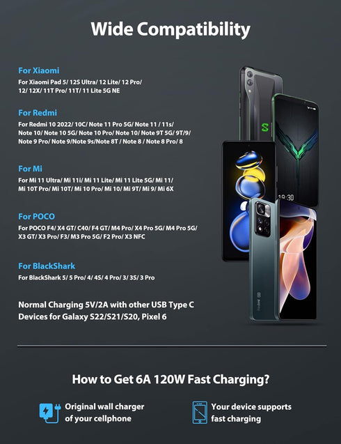 Xiaomi 120W HyperCharge USB C Cable 6 ft, 6A Nylon Braided Type C to USB A for Pad 5, 12 Pro, 11T Pro, Redmi Note 11