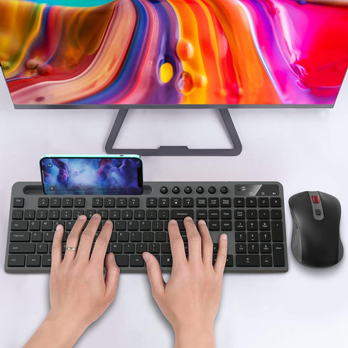 MARVO Wireless Keyboard and Mouse Combo, 2.4G Ergonomic Computer Keyboard with Phone Tablet Holder, Silent Mouse (Grey)