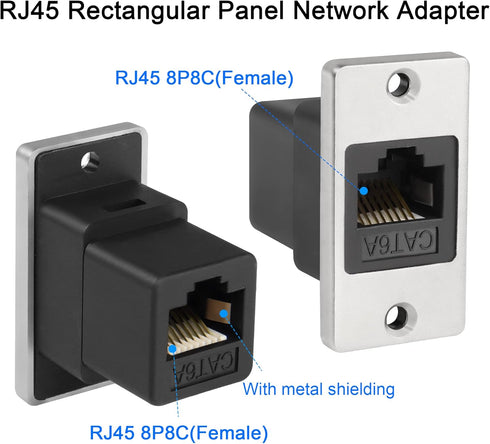 QIANRENON RJ45 Rectangular Panel Network Adapter Cat6A RJ45 8P8C Female to Female Panel Mount Ethernet Connector RJ45 Mounting Network Shield Socket, Mounting on Equipment Panel, Desktop, Wall