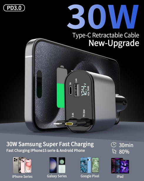 Retractable Car Charger, 4 in 1 Fast 66W Phone Charger with 2 Retractable Cables and USB Car Charger