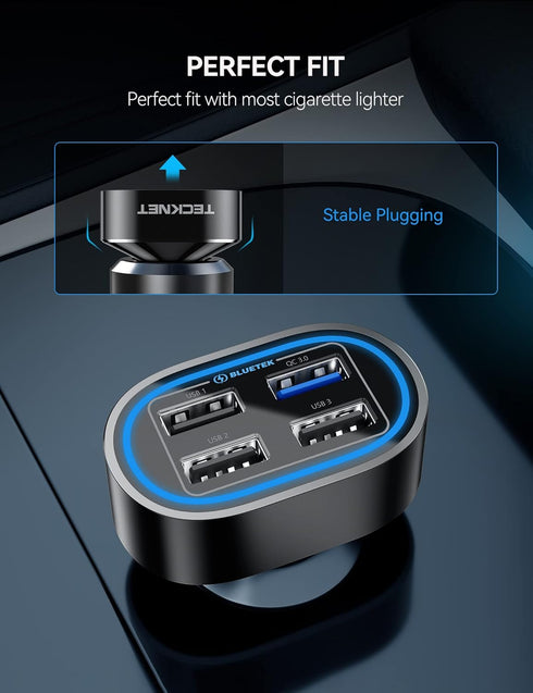 TECKNET USB Car Charger 54W 4-Port Adapter QC 3.0 Port for Fast Charging Compatible with iPhone 15 and Galaxy S23