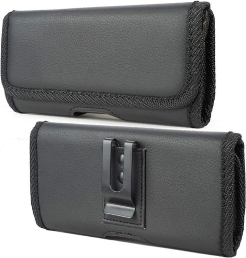 Nakedcellphone Case for Galaxy Z Fold 5 Phone - Black Vegan Leather Horizontal Pouch with Metal Belt Clip, Magnetic