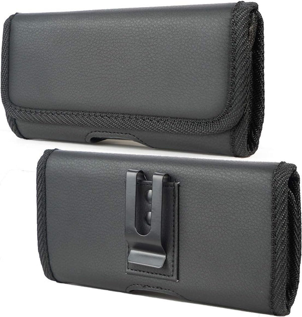Nakedcellphone Case for Galaxy Z Fold 5 Phone - Black Vegan Leather Horizontal Pouch with Metal Belt Clip, Magnetic