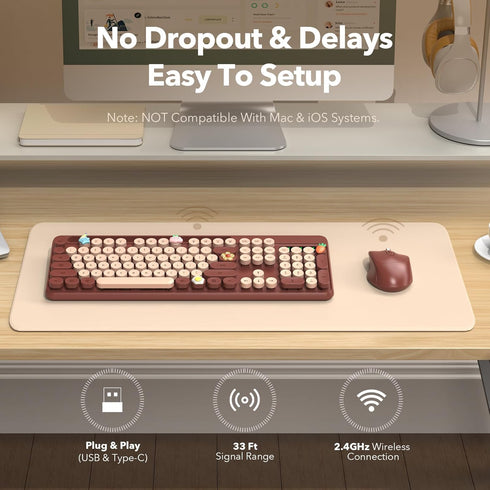Trueque 2.4GHz Wireless Keyboard and Mouse Combo, Retro Round Keycaps, Full-Size Cute Typewriter Keyboard with Large