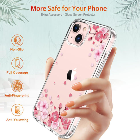 GiiKa iPhone 13 Case with Screen Protector, Clear Floral Shockproof Hard Case with TPU Bumper, Pink Floral