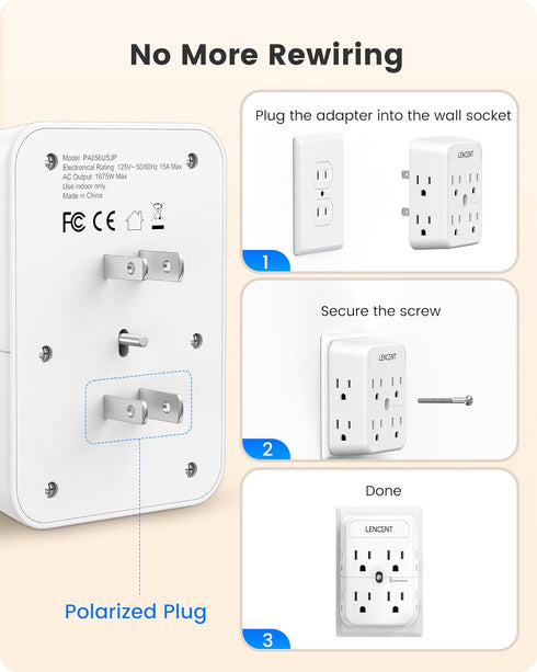 LENCENT 2 Prong Power Strip, 3 to 2 Prong Outlet Adapter, Surge Protector, Compact Wall Plug Splitter Tap for