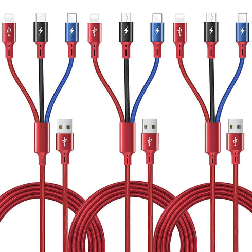3-Pack Multi Charging Cable 5Ft Braided 3-in-1 Charger for IP, Type C, Micro USB - Compatible with Cell Phones, Tablets