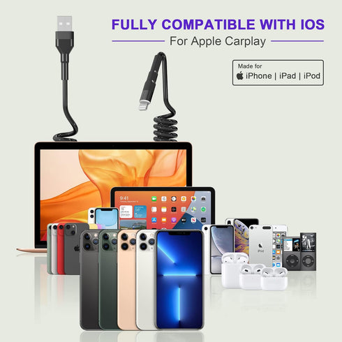 MFi Certified Coiled Lightning Cable for Apple Carplay, Retractable USB to Lightning Charger with LED for