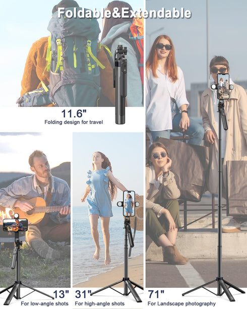 Yeaki 71" Phone Tripod,Tripod for iPhone with Fill Light and Rechargeable Remote,Aluminum Selfie Stick Phone Stand