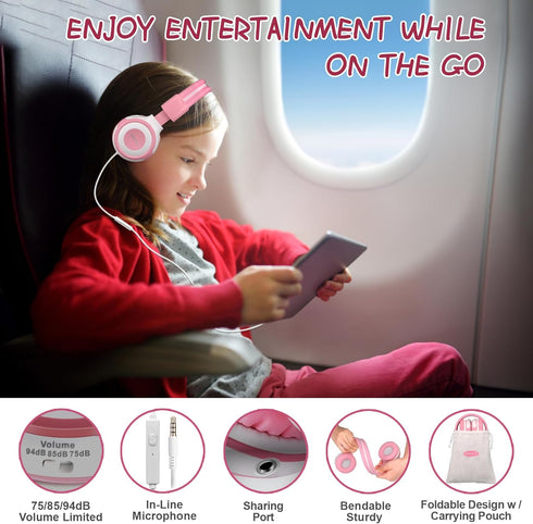 SIMOLIO Wired Headphones for Kids with Mic & Share Port, 75dB/85dB/94dB Volume Limit, Children Headphone with Portable