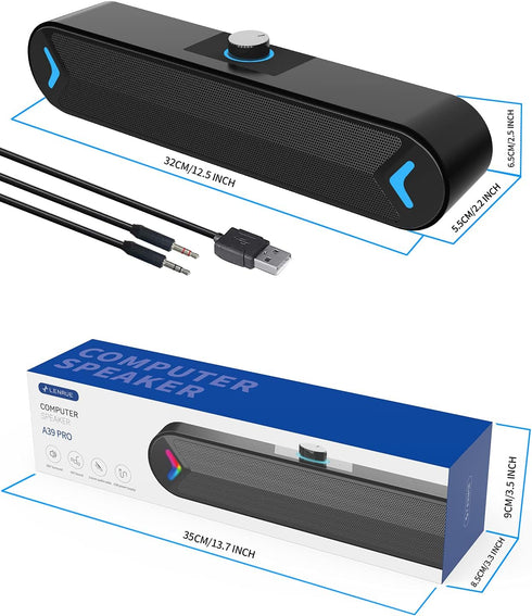 LENRUE Computer Speakers, Wired USB-Powered Sound-bar with 10W Stereo Sound for PC Desktop, Plug-n-Play (A39PRO/Black)