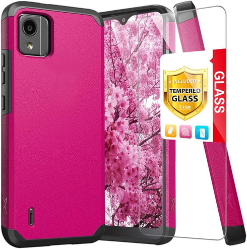 TJS Nokia C110 N156DL Case with Tempered Glass Screen Protector, Dual Layer Hybrid Magnetic Shockproof Protection (Pink)