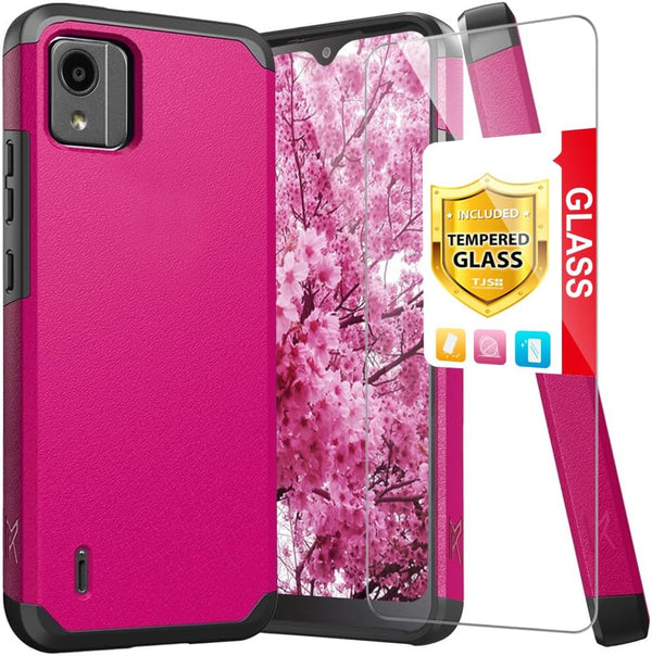 TJS Nokia C110 N156DL Case with Tempered Glass Screen Protector, Dual Layer Hybrid Magnetic Shockproof Protection (Pink)