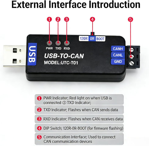 Xiusiyt USB to CAN Bus Converter with Preloaded PCAN Firmware - Ideal for Automotive & Industrial Robotics Applications
