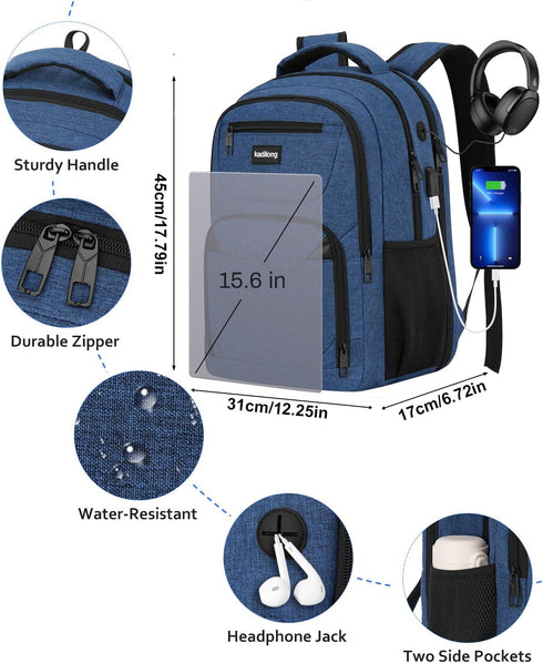 Laptop Backpack for Women & Men, Anti Theft Slim Computer Bag with USB Charging Port, Water Resistant, Blue