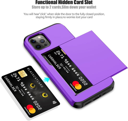 Nvollnoe for iPhone 12 Case,iPhone 12 Pro Case with Card Holder Heavy Duty Protective Dual Layer Shockproof Hidden Card Slot Slim Wallet Case for iPhone 12/12 Pro for Men&Women(Purple)