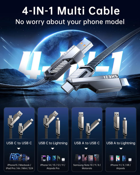 4-in-1 USB C Cable 3FT, 60W High-Speed Charging, Flat Nylon Braided Multi Charger Cord for iPhone iPad & More