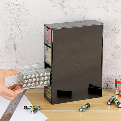 1 Pack 9V, 4-Drawer Common BTSKY Black Acrylic Battery Storage Organizer for AA, AAA, C Batteries, Storage Box Battery
