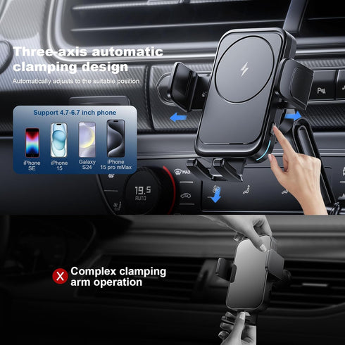 Wireless Car Charger, Car Cup Phone Holder, 15W Fast Charging Auto Clamping Dual Port PD&QC3.0 for iPhone