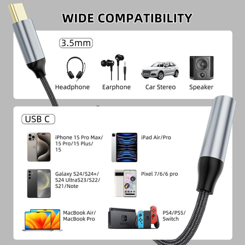 Welldiea USB-C to 3.5mm Headphone Jack Adapter, Compatible with iPhone 15 Series, Samsung Galaxy S22 and More
