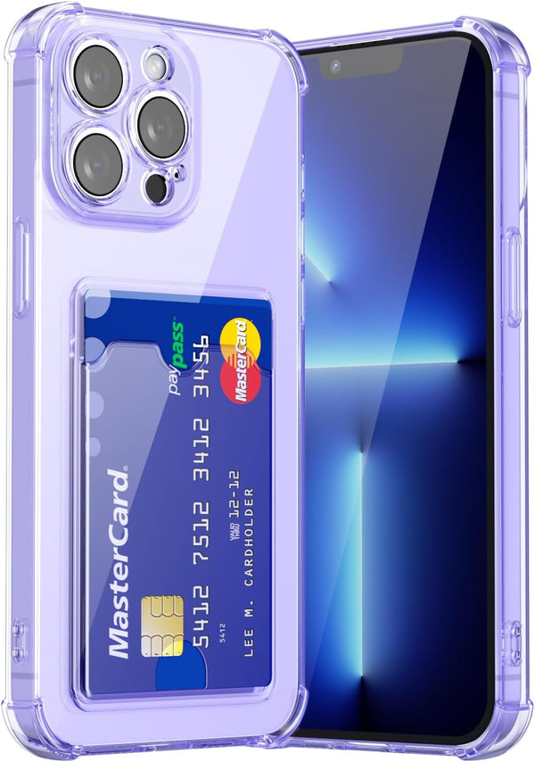 iPhone 13 Pro Max Phone Case with Card Holder, Clear Transparent Wallet Case for Credit Card & Cash, Lilac Purple