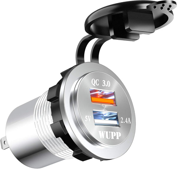 Upgraded Aluminum Alloy Fast Charging 3.0 USB Charger Socket, IP66 Waterproof Dual USB Power Outlet for Vehicles