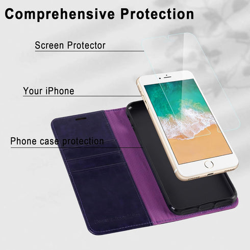 MONASAY Case for iPhone SE 2022/2020 5G, iPhone 7/8 Wallet Case, 4.7-inch, Purple with Glass Protector