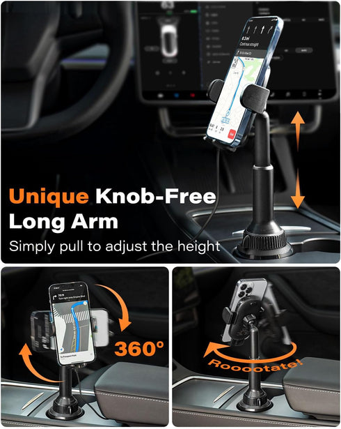 APPS2Car Solid Cup Holder Phone Mount with Wireless Charger 15W, Quick Extension Long Arm, 360 Rotatable for iPhone 15